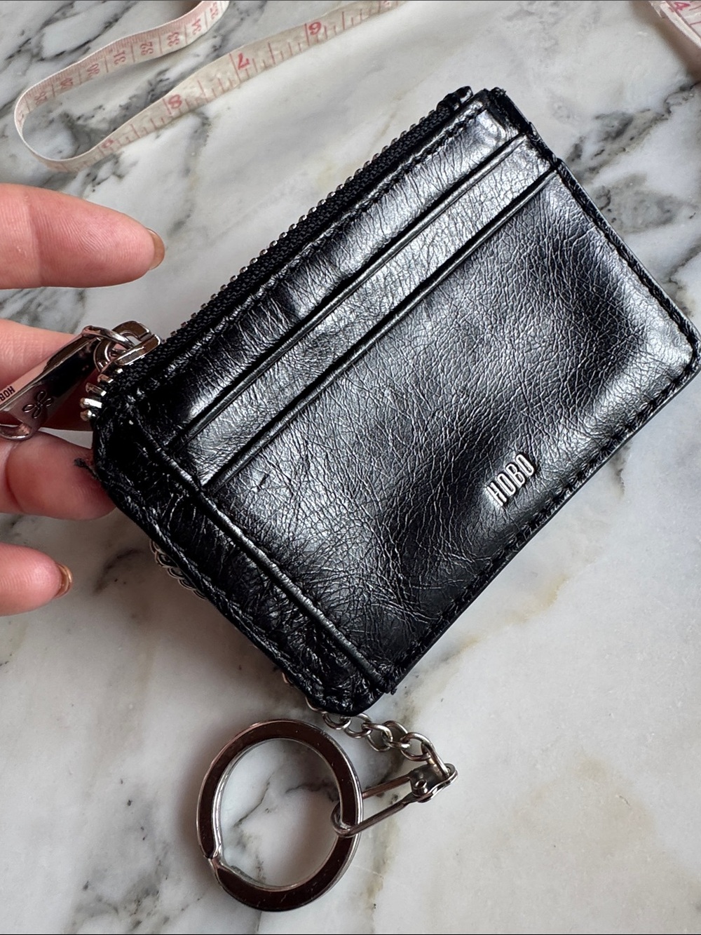 HOBO International Kai Black Leather Zip Card Case Keychain Coin Purse Wallet